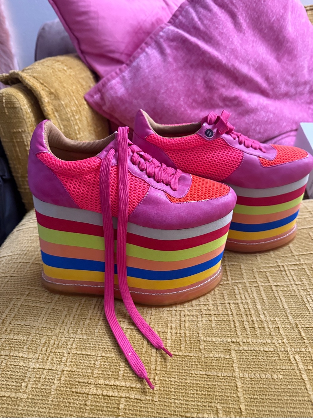Jeffrey Campbell Women’s Pink mega Platform Sneakers with Rainbow Stripes